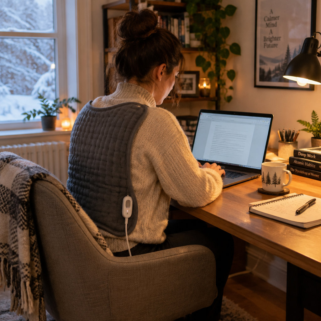 Personne seule au bureau avec coussin chauffant