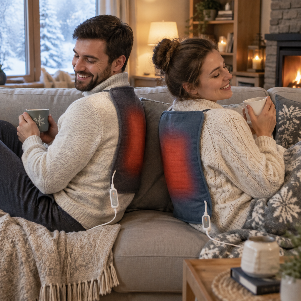 Couple sur le canapé avec coussins chauffants
