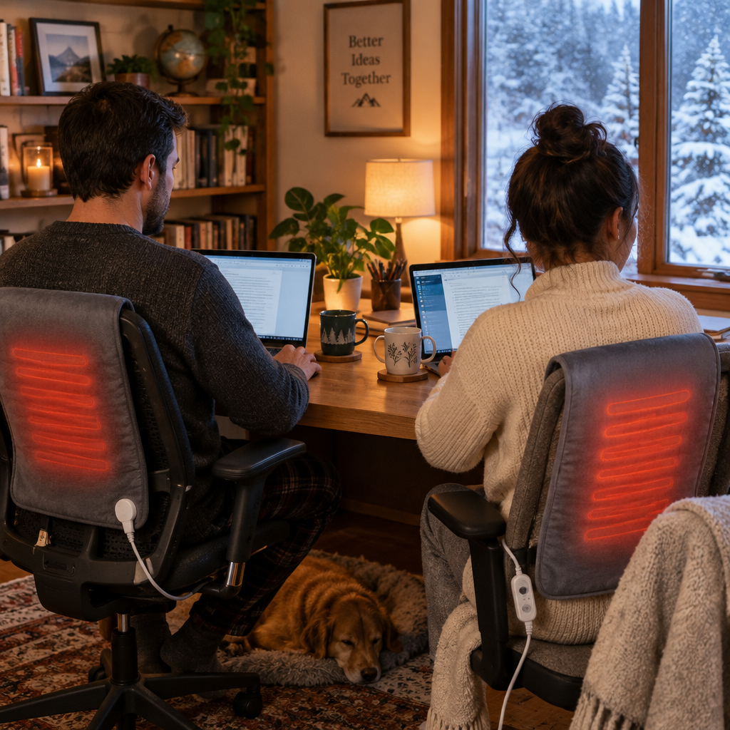 Couple au bureau avec coussins chauffants