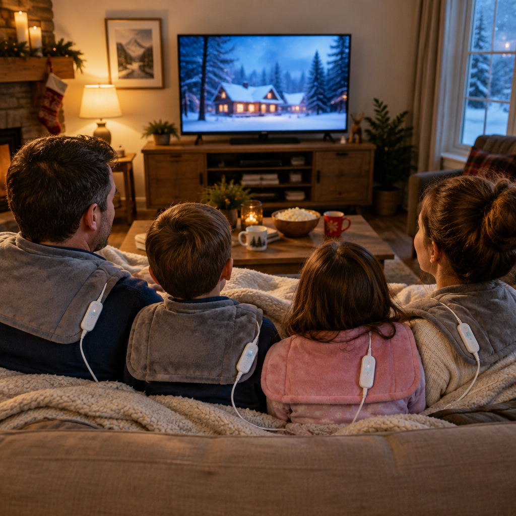 Famille devant la TV avec coussins chauffants