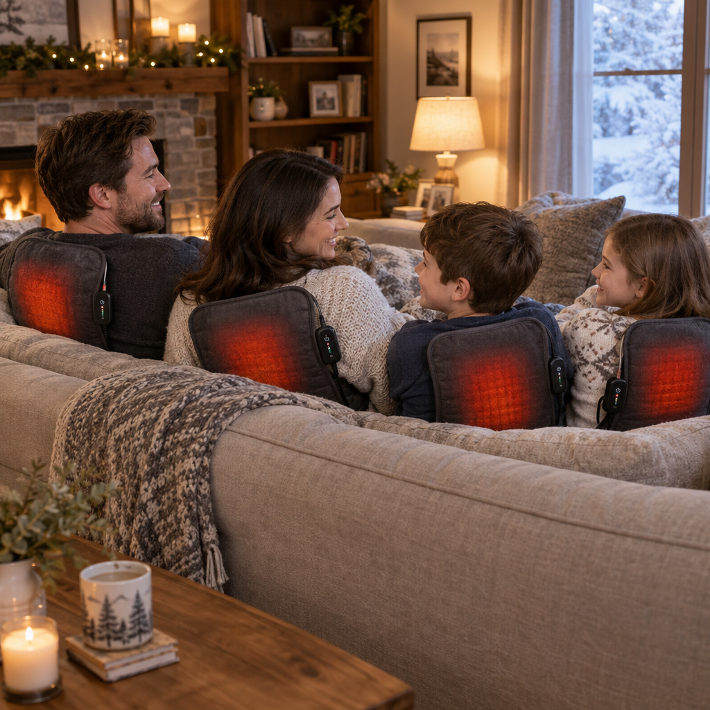 Famille sur le canapé avec coussins chauffants